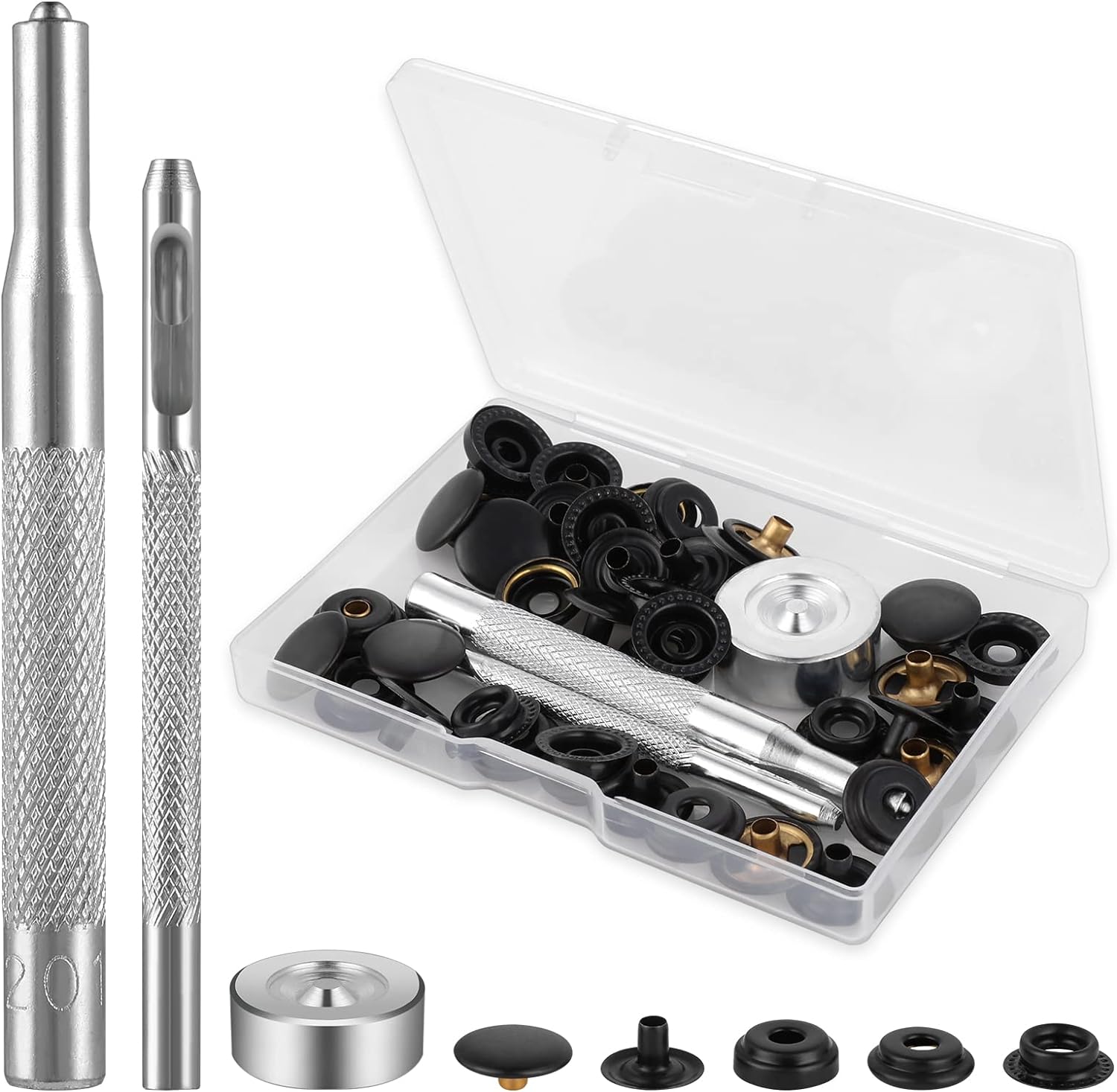 230816044137676_1 Thinp 12 Sets Snap Buttons Kit, Metal Snaps and Fasteners Kit Press Studs Snap Fasteners Clothing Snaps Button with 3 Pieces Snap Fastener Tool for Bags Jeans Clothes Fabric Leather Craft (Black) - Image 1